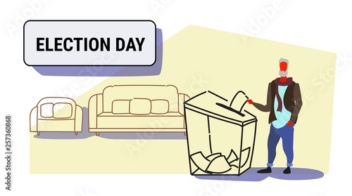 election day concept senior casual man voter putting paper ballot list in box during voting male character full length sketch doodle horizontal