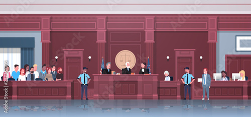 law process with judge jury suspect and police officers lawyer or attorney giving a speech court session modern courthouse courtroom interior full length horizontal