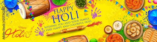 colorful promotional background for Festival of Colors celebration with message in Hindi Holi Hain meaning Its Holi