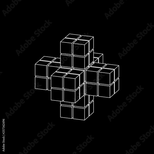 Abstract 3d shape from cubes. Dimetric projection. Vector outline illustration.