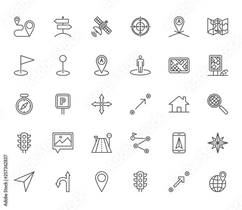 Navigation Thin Line Related Icons Set on White Background. Simple Mono Linear Pictogram Pack Stroke Vector Logo Concept for Web Graphics. Editable Stroke. 48x48 Pixel Perfect. - Vector