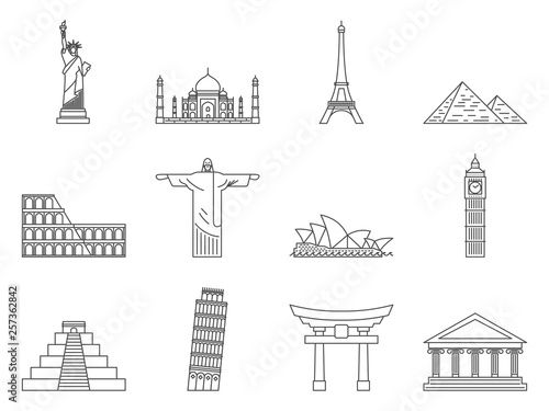 Landmark Icons set. Liberty statue, Pisa, Eiffel tower, Big Ben, Taj Mahal, Christ the Redeemer, Opera House, Piramid, Colosseum, Fushimi Inari, Chi chen Itza, Parthenon. Vector illustration.