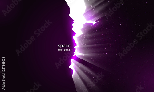 Stars and light in space from cracks in wall. Dark broken wall glow portal into universe. Dark background with crack continuum space for impressive design. Place for text, vector illustration