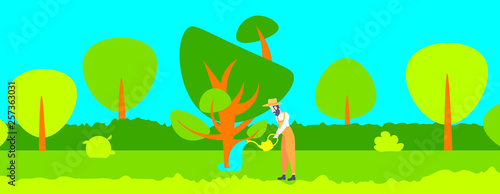 bearded gardener watering plants and trees in modern garden male cartoon character full length flat landscape background horizontal