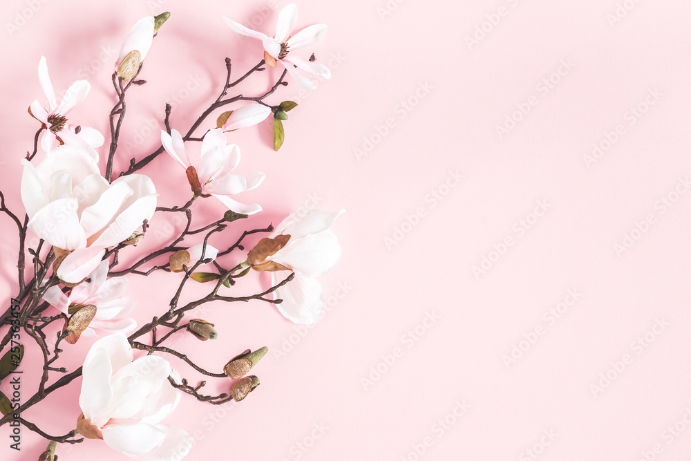 Flowers composition. Magnolia flowers on pastel pink background. Flat lay, top view, copy space Flowers composition. Magnolia flowers on pastel pink background. Flat lay, top view, copy space