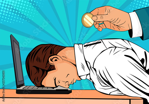 Hand holding coin inserting into back of businessman. Tired businessman on the laptop Vector business illustration of pay salary