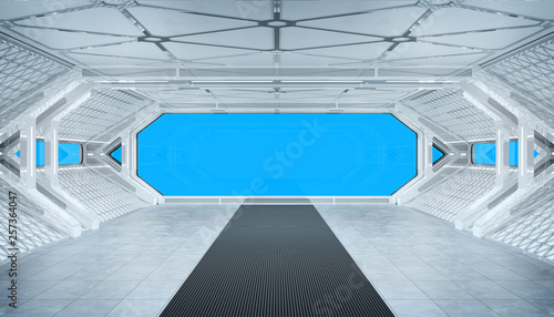 Fototapeta Naklejka Na Ścianę i Meble -  White blue spaceship futuristic interior mockup with window view 3d rendering