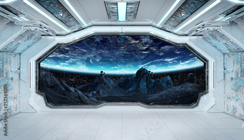Fototapeta Naklejka Na Ścianę i Meble -  White blue spaceship futuristic interior with window view on space and planets 3d rendering