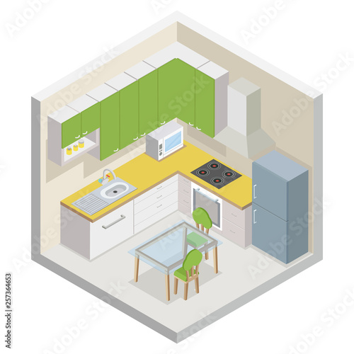 Kitchen isometric modern furniture room cutaway flat design isolated concept vector illustration