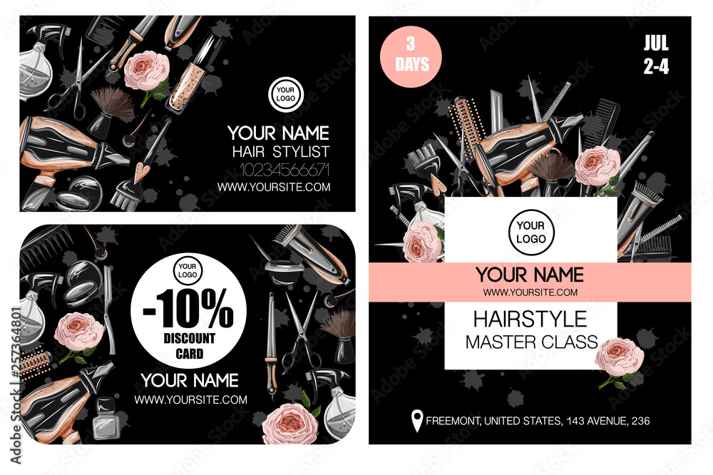 Business, discount card and flyer for master class for hairdresser or barber. Vector.