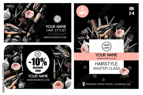 Business  discount card and flyer for master class for hairdresser or barber. Vector.