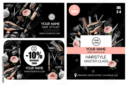 Business, discount card and flyer for master class for hairdresser or barber. Vector.