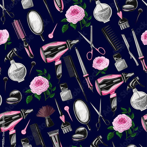 Seamless pattern with hairdresser tools such as hairdryer, comb, scissors, mirror, hair dye and other. 
