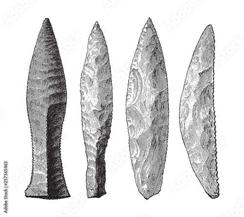 Stone age tools collection / vintage illustration from Meyers Konversations-Lexikon 1897