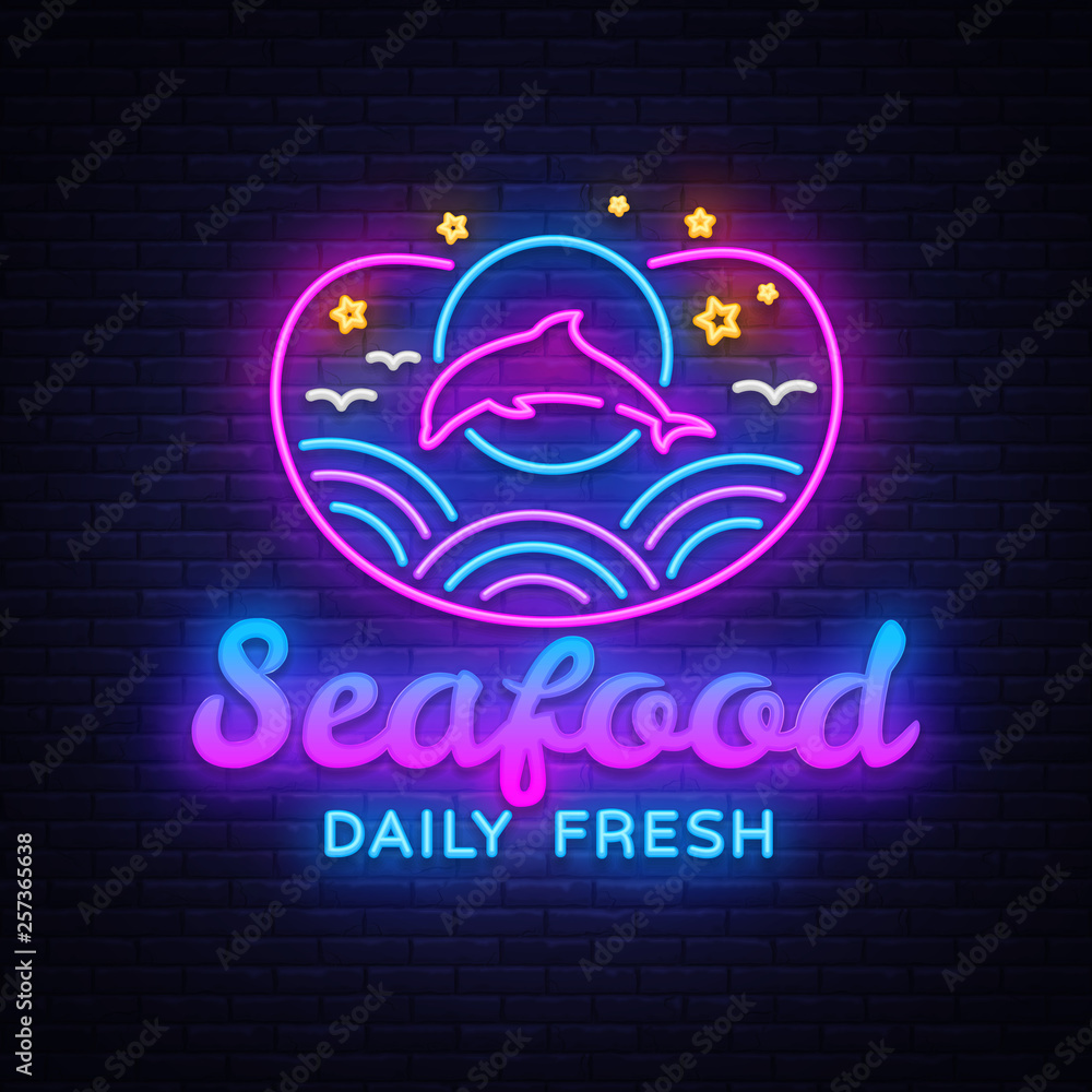 Seafood Restaurant neon sign vector. Seafood Daily Fresh Design template, concept light banner, neon signboard, nightly bright advertising, light inscription. Vector illustration Seafood Restaurant neon sign vector. Seafood Daily Fresh Design template, concept light banner, neon signboard, nightly bright advertising, light inscription. Vector illustration