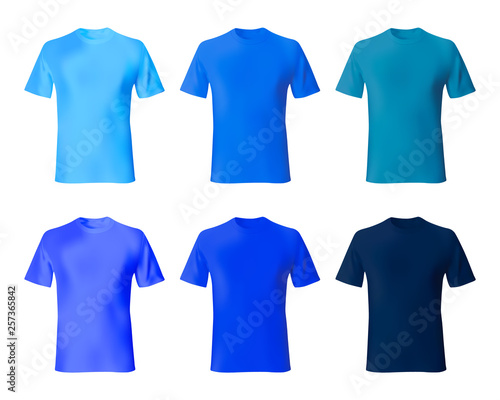 Shirt design template. Set men t shirt navy blue, indigo color. Realistic mockup shirts model male fashion.