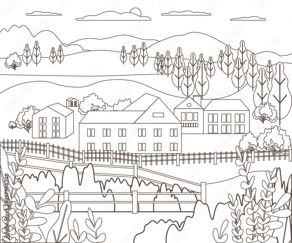 Thin line outline landscape rural farm. Panorama outdoor design village modern with mountain, hill, tree, sky, cloud and sun. Line art stile abstract backround, linear vector illustration