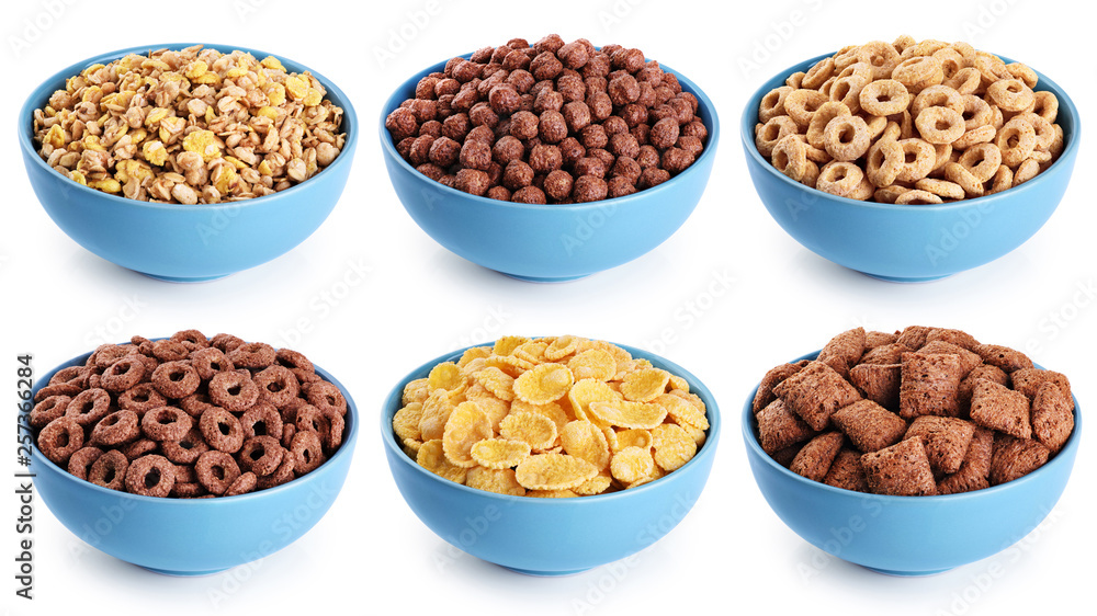 Bowl with corn pads, rings, balls, oat granola and cornflakes isolated on white background. Bowl with corn pads, rings, balls, oat granola and cornflakes isolated on white background.