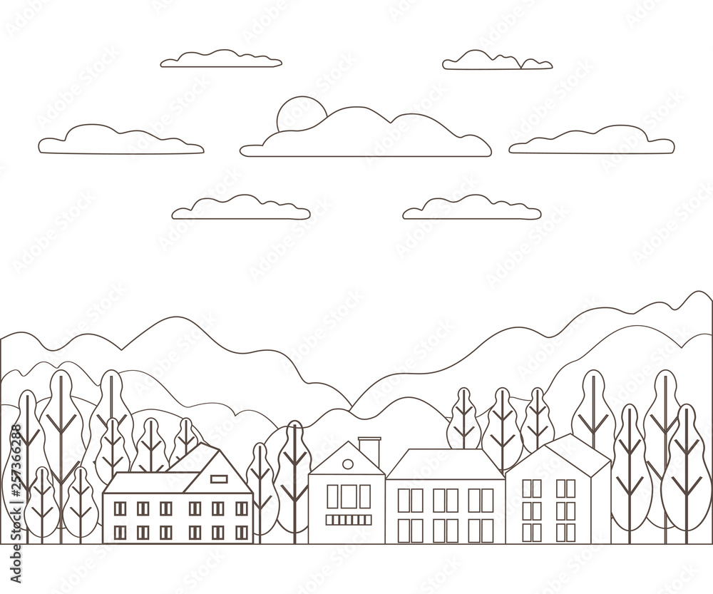 Thin line outline landscape rural farm. Panorama outdoor design village modern with mountain, hill, tree, sky, cloud and sun. Line art stile abstract backround, linear vector illustration