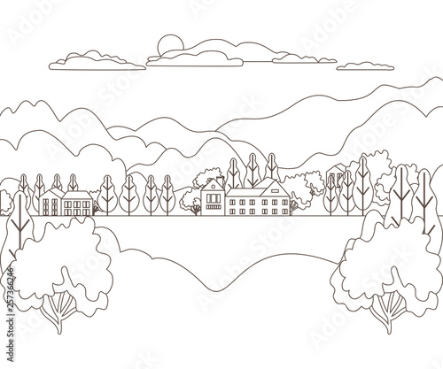 Thin line outline landscape rural farm. Panorama outdoor design village modern with mountain, hill, tree, sky, cloud and sun. Line art stile abstract backround, linear vector illustration