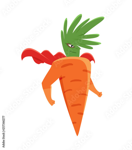 Cartoon superhero carrot character standing with arms in comics costume