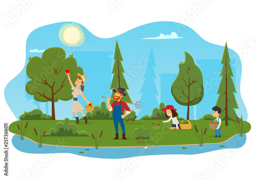 Farmer and his family working at farm.