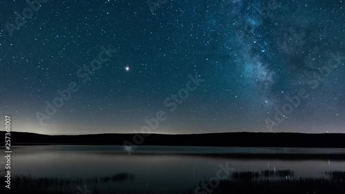Timelapse of the milky way, Saturn and Mars, far from light pollution, above a lake. Charpal, Lozère, southern France. 
The rural area of Lozère offers unique places for astronomers to watch the stars photo