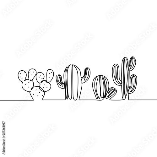 Continuous Line Drawing of Vector Set of Cute Cactus Black and White Sketch House Plants Isolated on White Background. Potted Cactus Family single Line Hand Drawn Illustration
