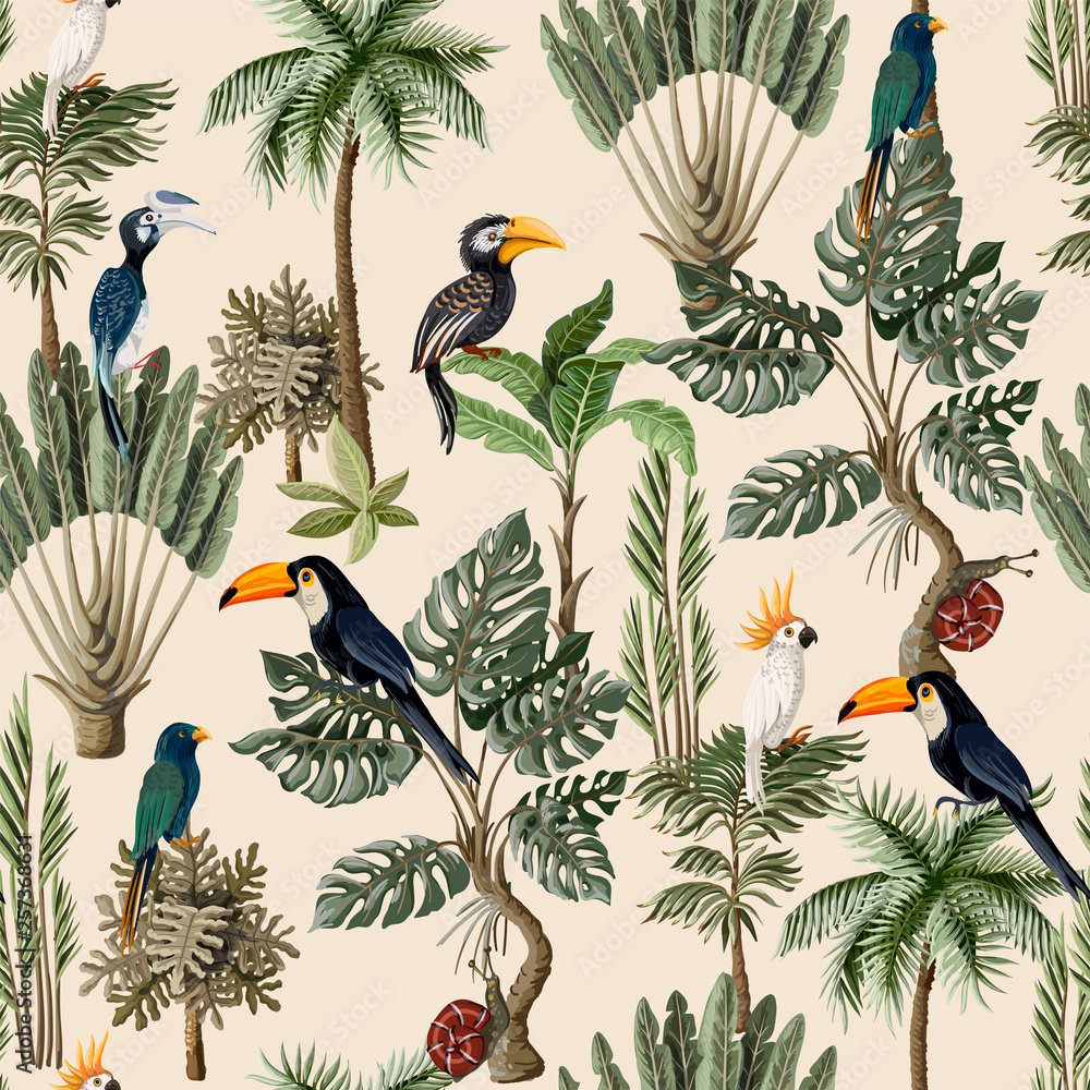 Seamless pattern with exotic trees and animals. Interior vintage wallpaper.  Stock Vector | Adobe Stock