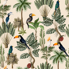 Papier peint photo Paysage patrons Jungle exotique animaux vintage tropical  © Yumeee