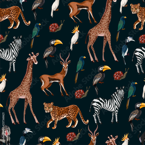 Seamless pattern with wild animals such as zebra, parrot, toucan, monkey, giraffe and antilope.