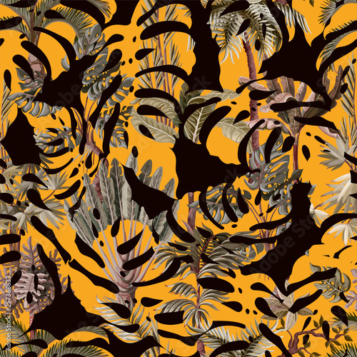 Seamless pattern with exotic trees such us palm, monstera and banana. Interior vintage wallpaper.