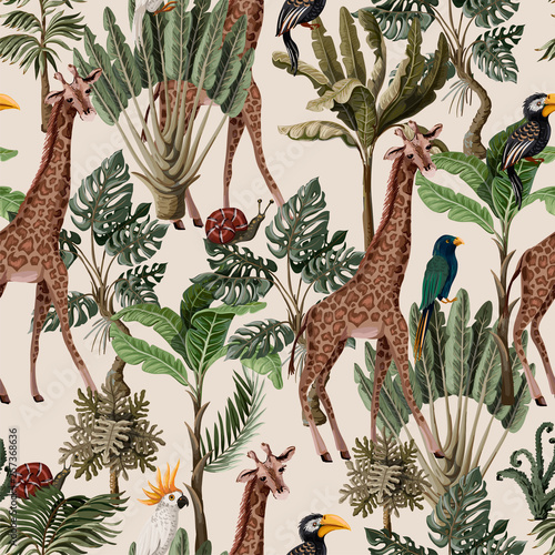 Seamless pattern with exotic trees and animals. Interior vintage wallpaper.
