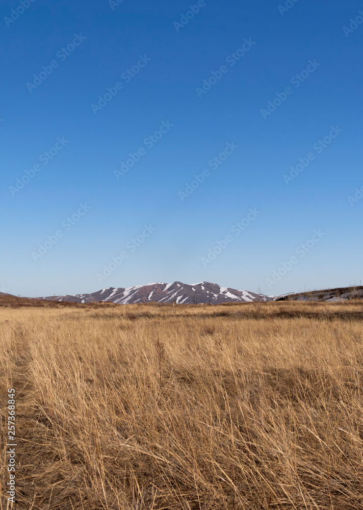 Spring steppe landscape. Beautiful spring landscape. Sky and mountains. 