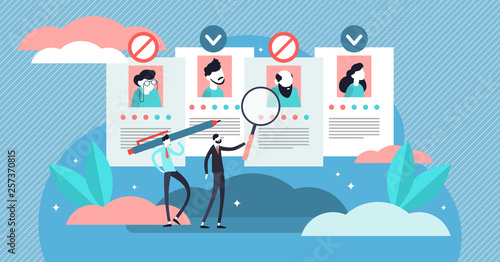Recruitment ageism vector illustration. Tiny old person segregation concept