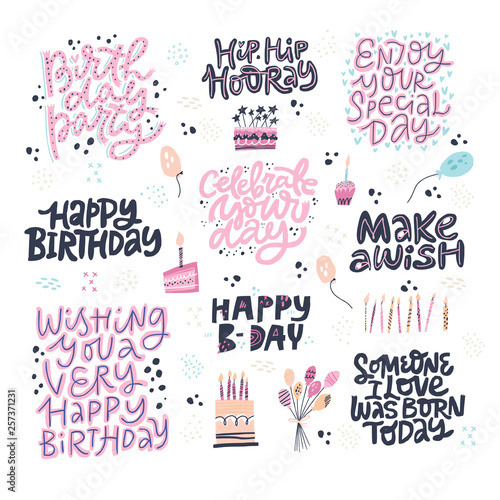 Birthday hand drawn greeting cards set