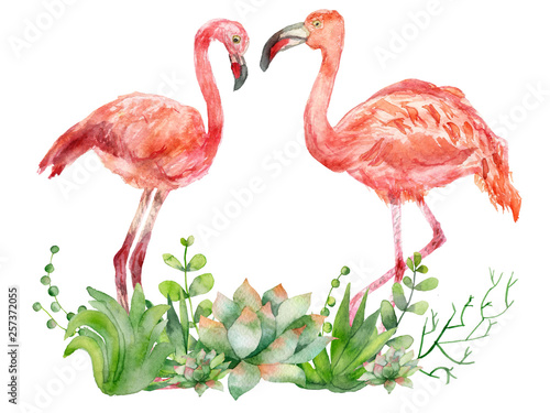 A pair of pink watercolor flamingos facing each other. Hand-painted illustration with pink flamingos walking through the succulents, isolated on a yellow background. © Natalia