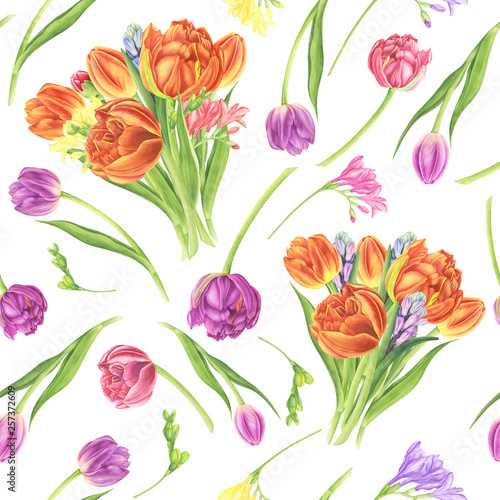  Seamless pattern with spring flowers  tulips  freesia and hyacinths  watercolor painting. For design cards  pattern and textile.