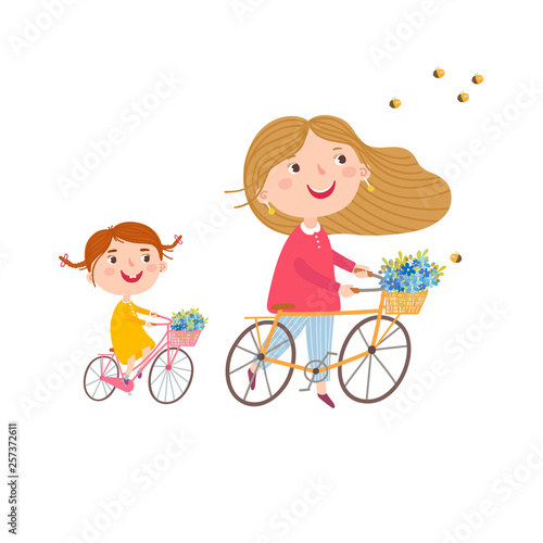 Vector illustration with mother and  daughter on bikes.
