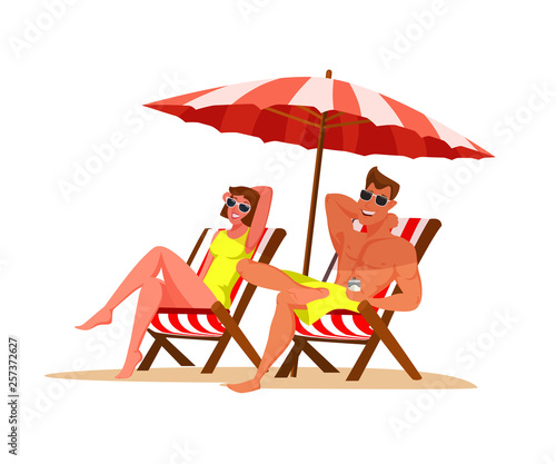 Couple relaxing on beach flat color illustration