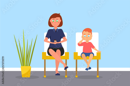 Mother and son in waiting room vector illustration