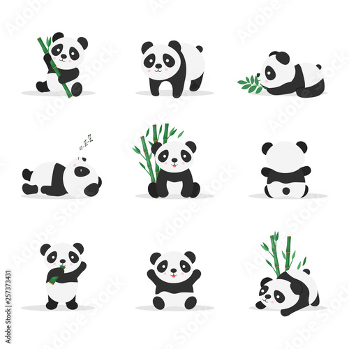 Fototapeta Naklejka Na Ścianę i Meble -  Cute pandas flat vector color illustrations set
