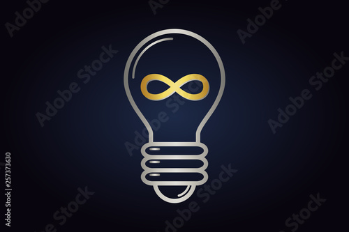 Silver lightbulb vector circuit. Minimalistic vector logo of electric bulb with golden infinity sign inside. Isolated lightbulb on dark background.