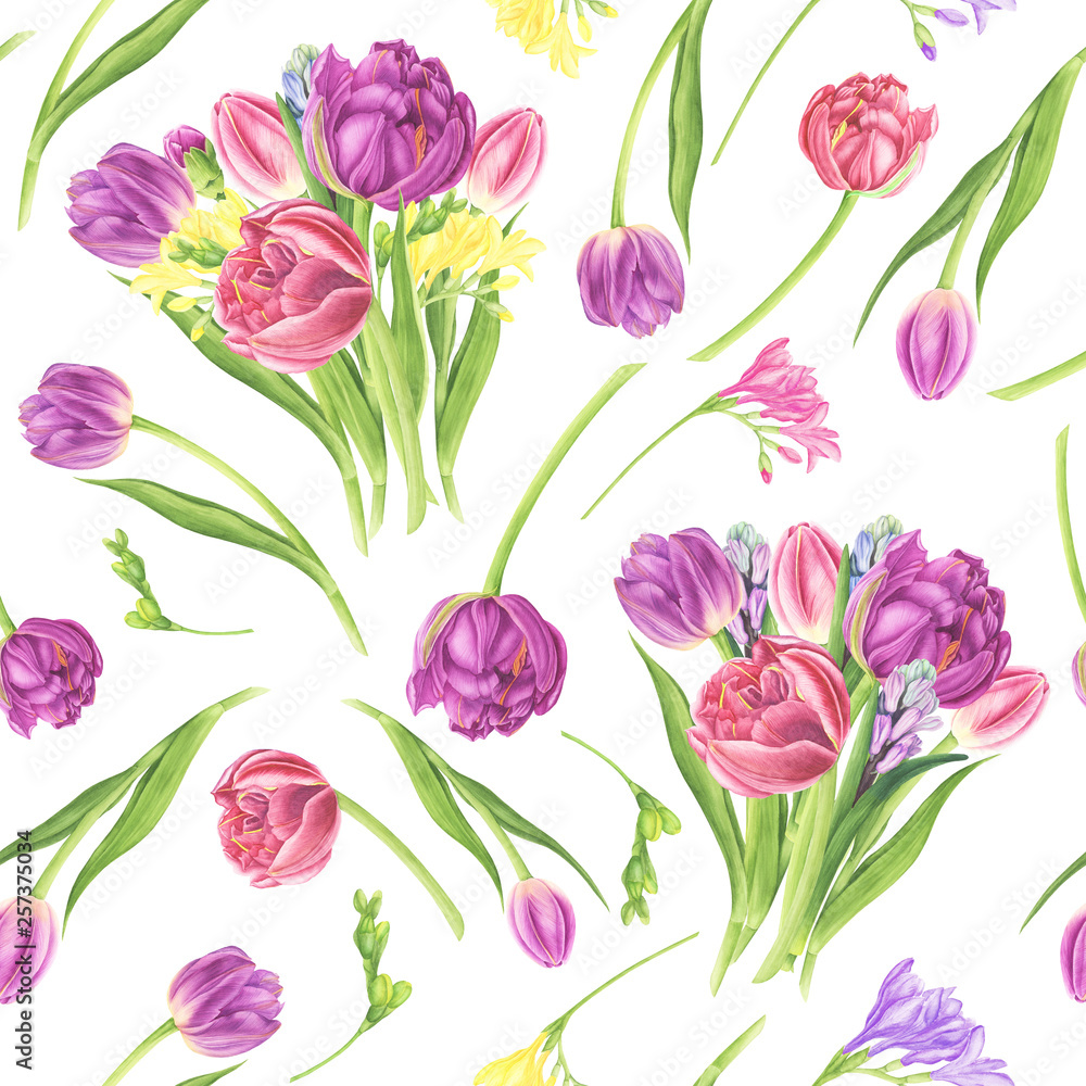 Seamless pattern with spring flowers: tulips, freesia and hyacinths, watercolor painting. For design cards, pattern and textile.