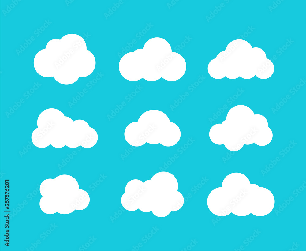 isolated clouds icons. cloud icons in trendy flat design on blue background