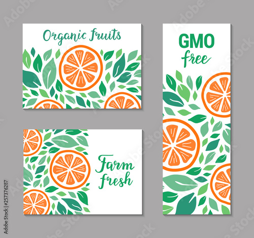 Vector flyers with green leaves and orange pattern. Farm fresh, Organic fruits, GMO free hand drawn lettering text inscription. Colourful citrus template collection. Healthy food plant-based concept