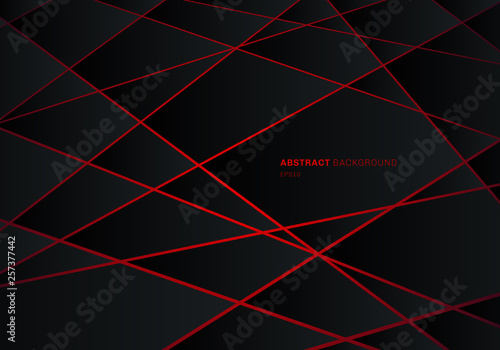 Abstract black geometric polygon on red laser light neon futuristic technology design concept background.