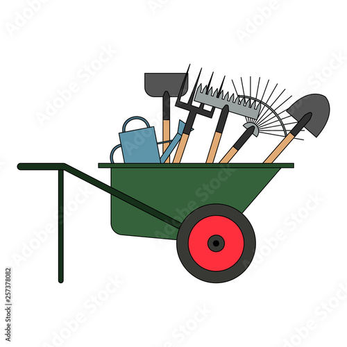 Set of various gardening tools in a wheelbarrow. Items for gardening and farming. Set of farm tools. Garden instruments collection. Farming equipment. Vector illustration.