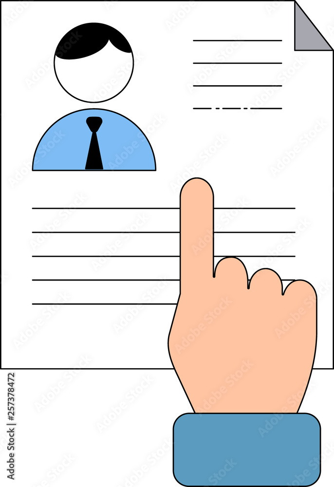Vector illustration of hand pointing at resume list with photo Vector illustration of hand pointing at resume list with photo