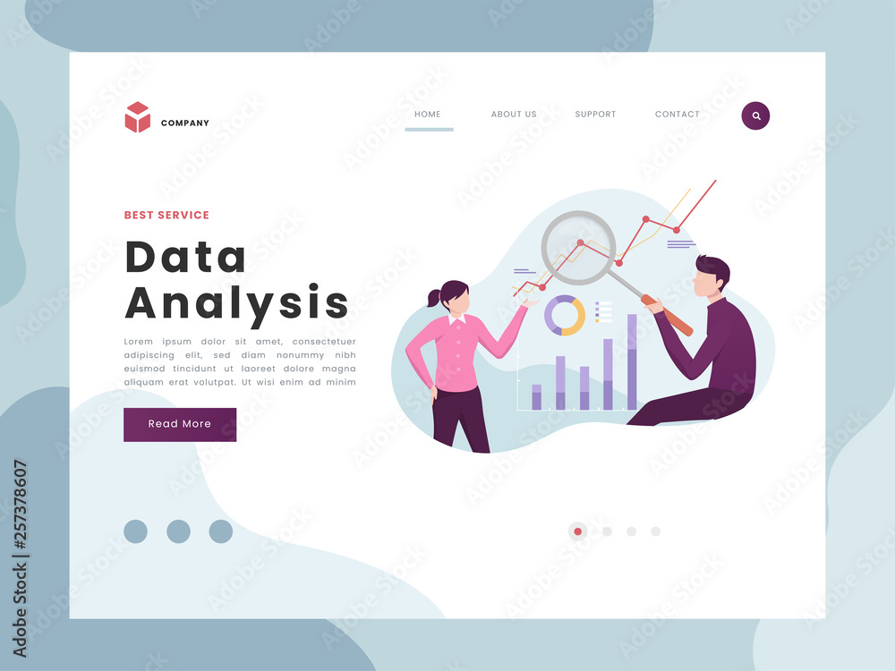 Vector Illustration idea concept for landing page template, People office worker man analyzing database with magnifier and women see the result of studying statistic and business report, Flat style.